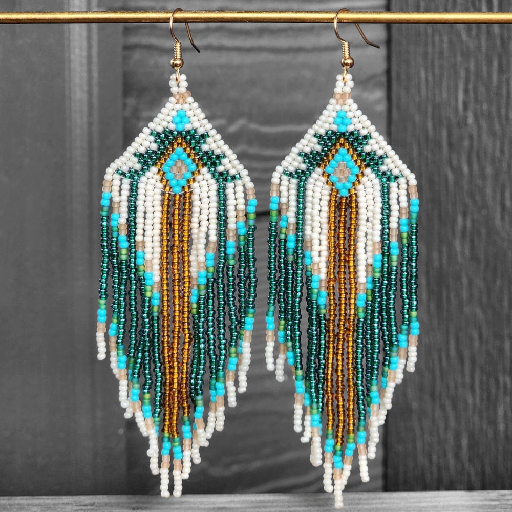Boheme Turquoise, White & Gold Beaded Fringe Earrings